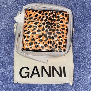 Ganni Leopard-Print Compact Wallet in Orange, Black & White